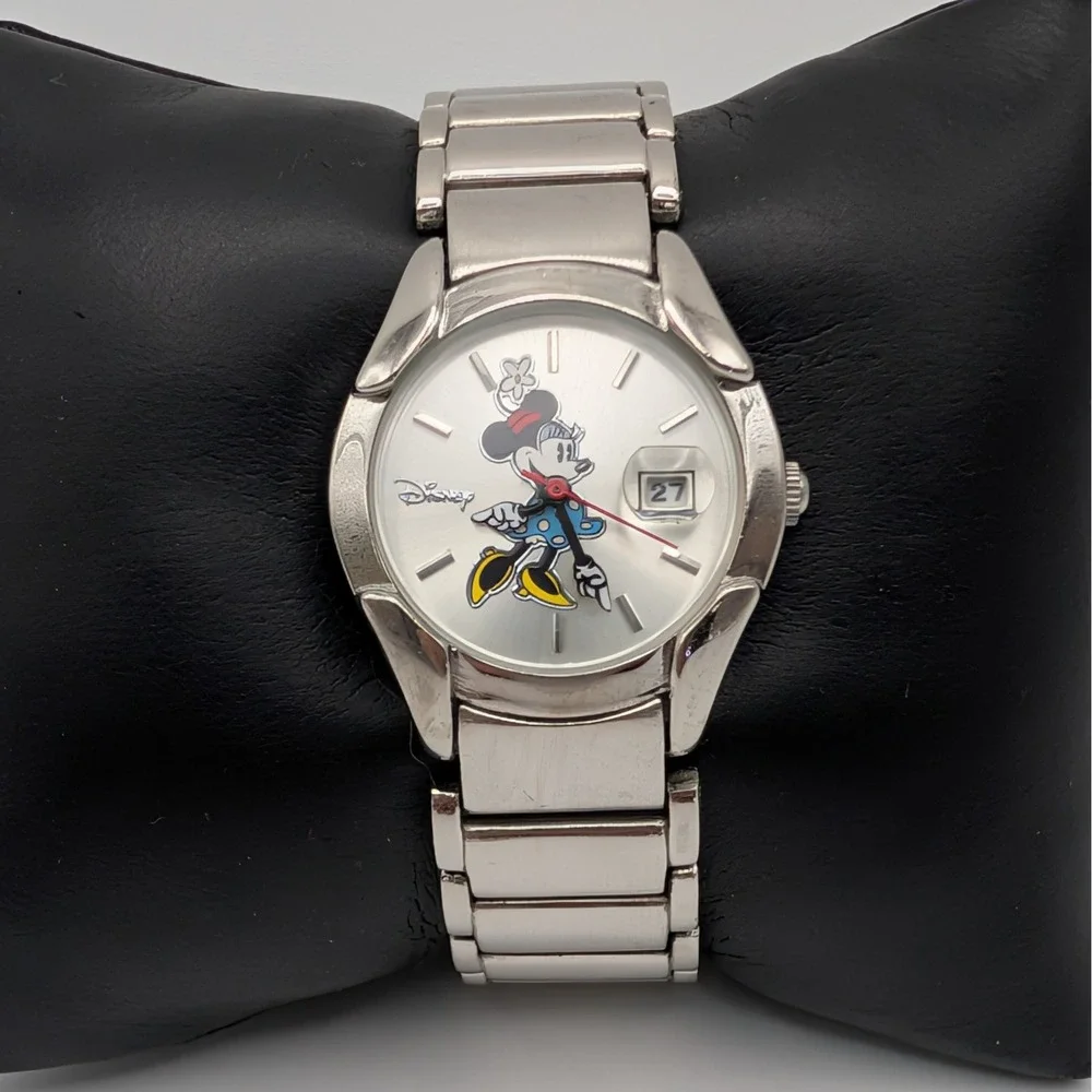 Disney Minnie Mouse Watch Sunburst Silver Tone Bracelet Date Quartz MN2006